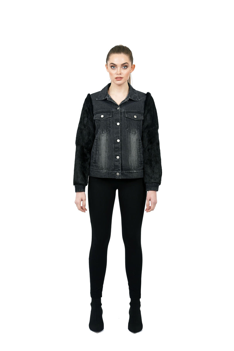 Murray Genuine Real Rabbit Fur Sleeve Denim Jacket Coat