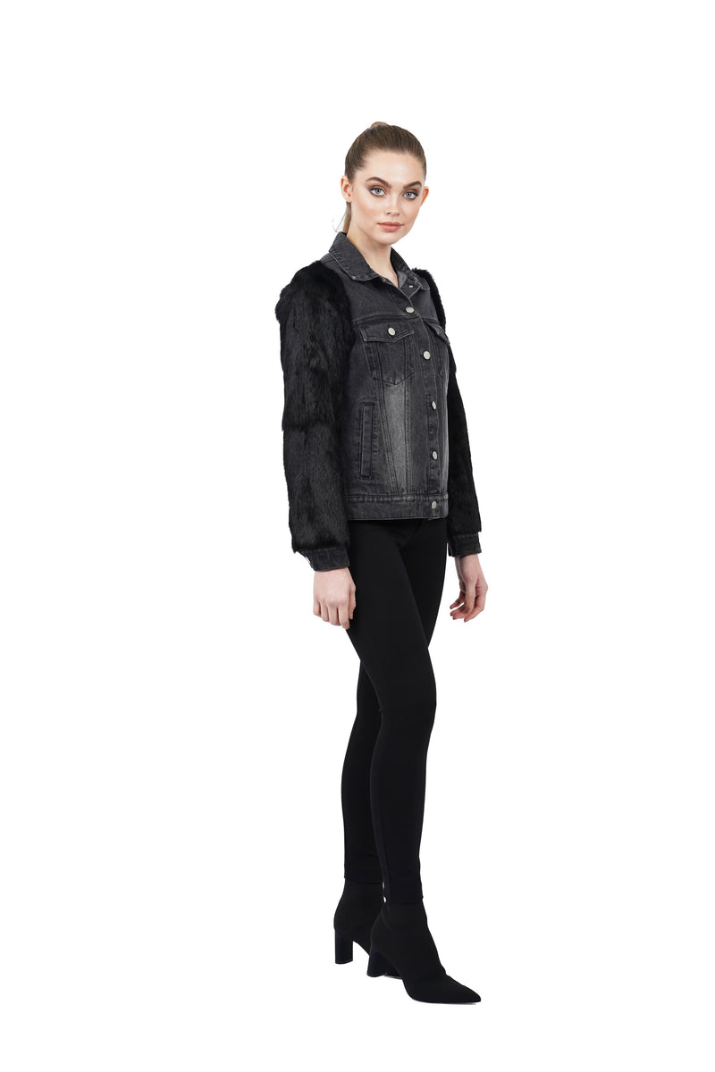 Murray Genuine Real Rabbit Fur Sleeve Denim Jacket Coat