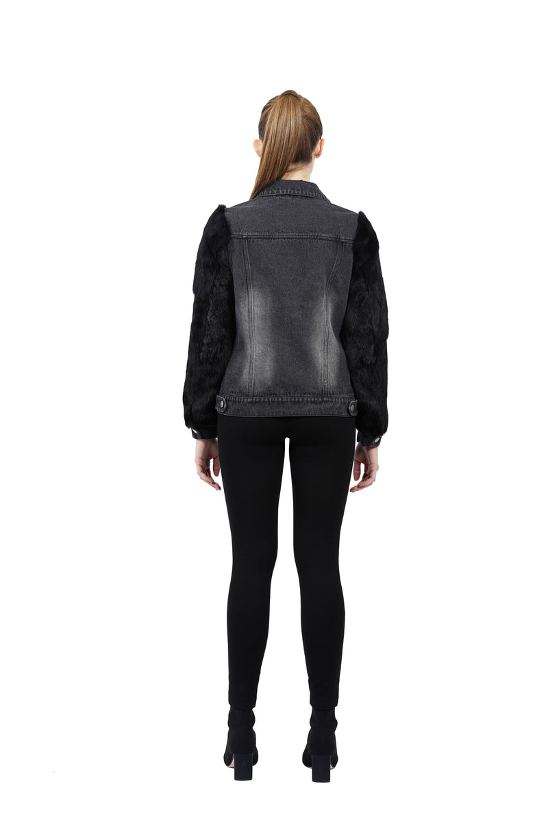 Murray Genuine Real Rabbit Fur Sleeve Denim Jacket Coat