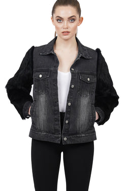 Murray Genuine Real Rabbit Fur Sleeve Denim Jacket Coat
