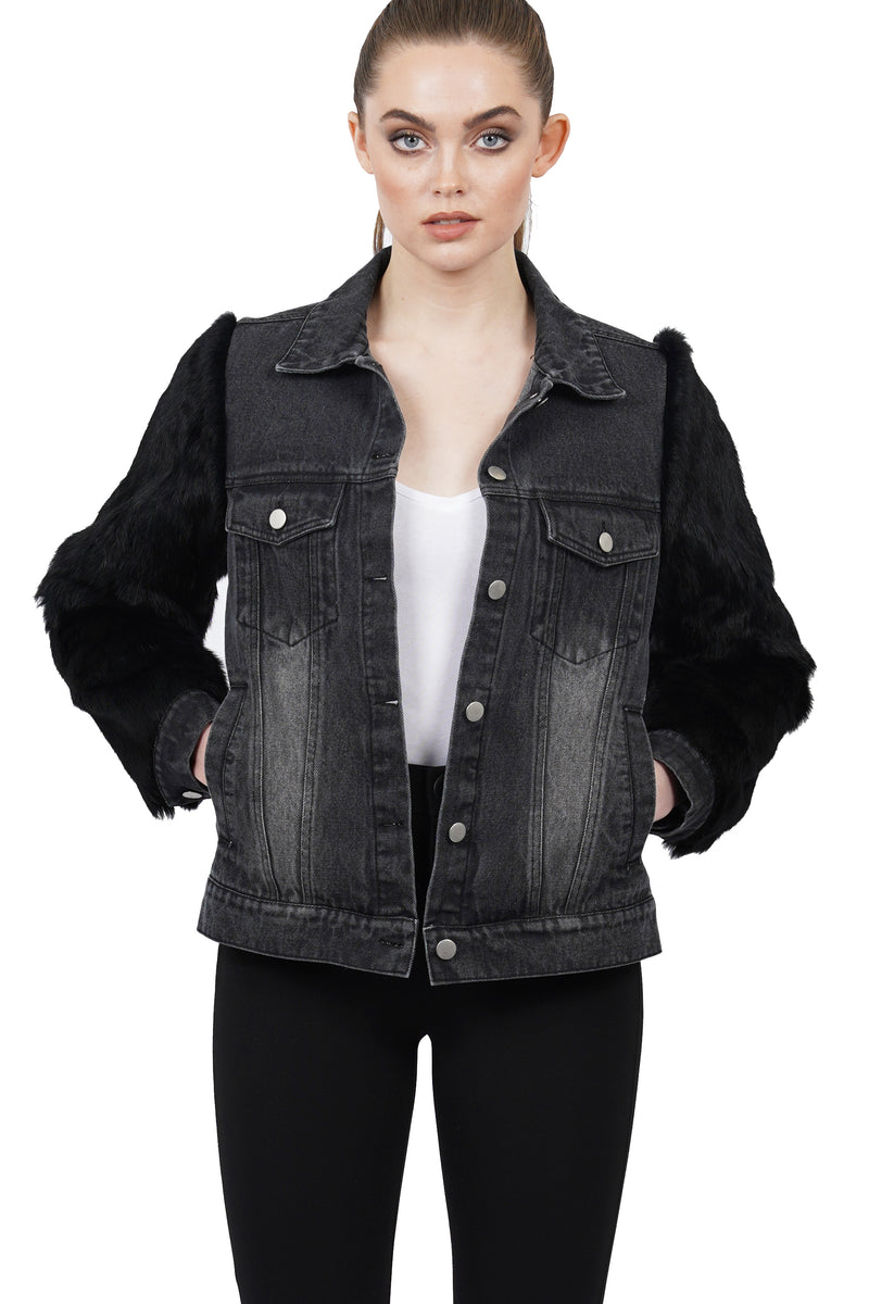 Murray Genuine Real Rabbit Fur Sleeve Denim Jacket Coat