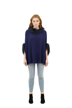 Walter Knit Poncho w/ Genuine Real Racoon Fur Trim