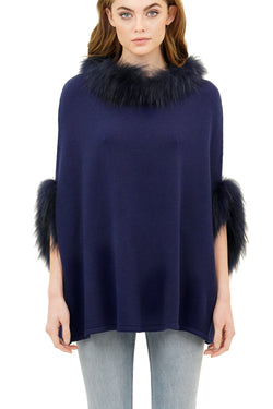 Walter Knit Poncho w/ Genuine Real Racoon Fur Trim