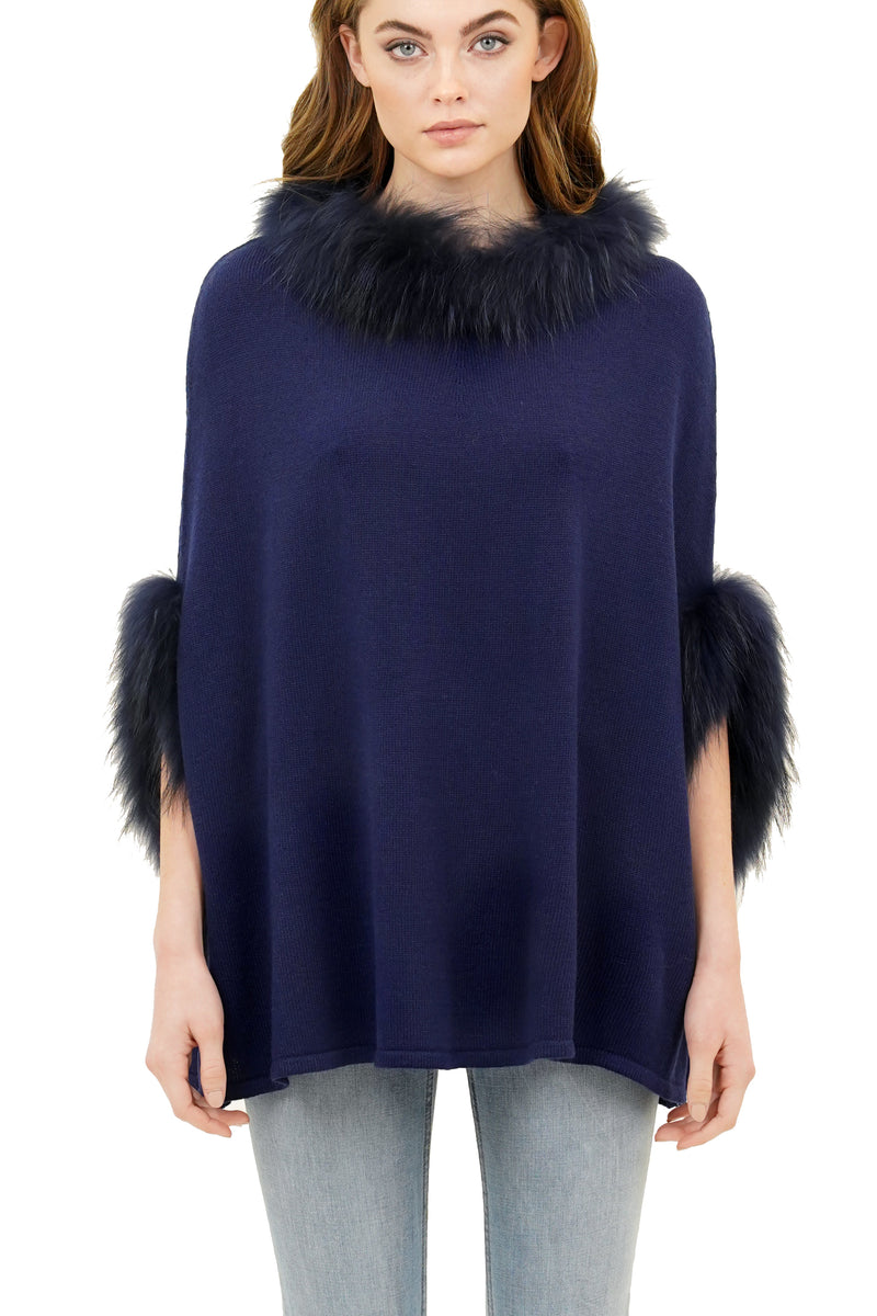 Walter Knit Poncho w/ Genuine Real Racoon Fur Trim