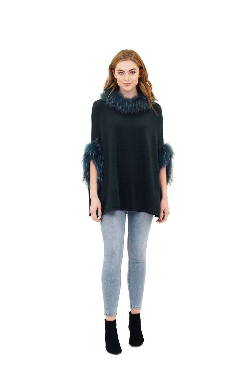 Walter Knit Poncho w/ Genuine Real Racoon Fur Trim