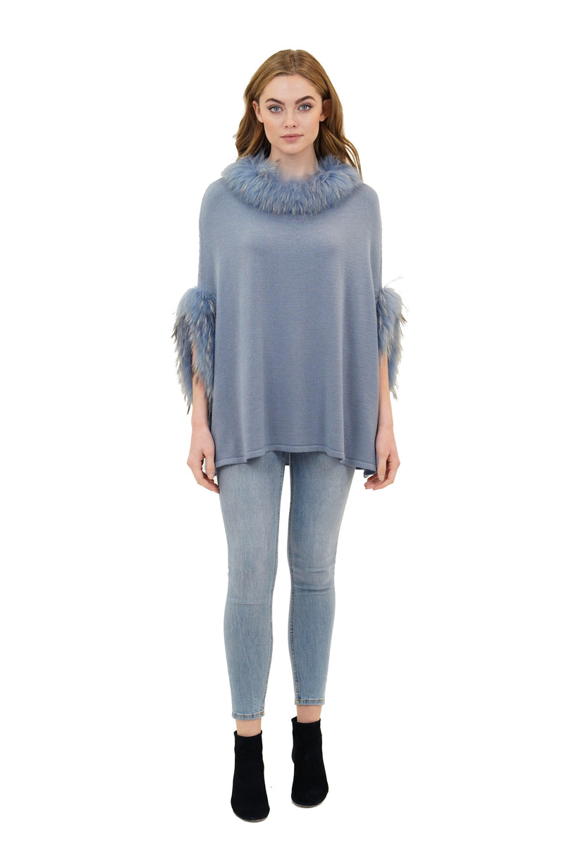 Walter Knit Poncho w/ Genuine Real Racoon Fur Trim