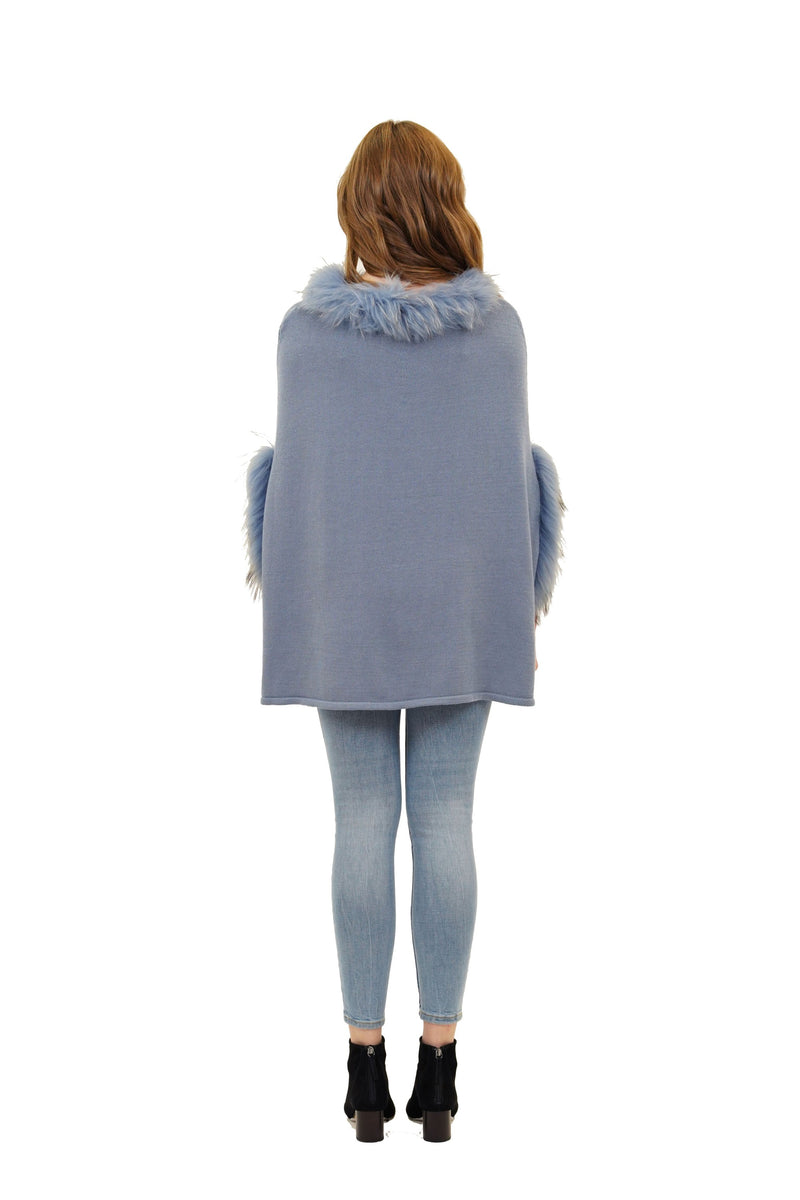 Walter Knit Poncho w/ Genuine Real Racoon Fur Trim