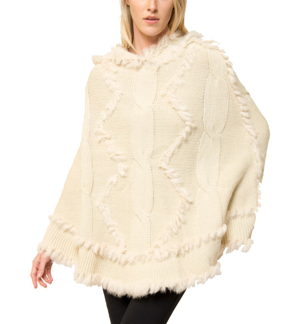 Scarlett Hooded Poncho with Genuine Real Rabbit Fur Trim