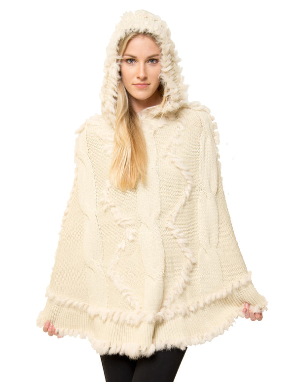 Scarlett Hooded Poncho with Genuine Real Rabbit Fur Trim