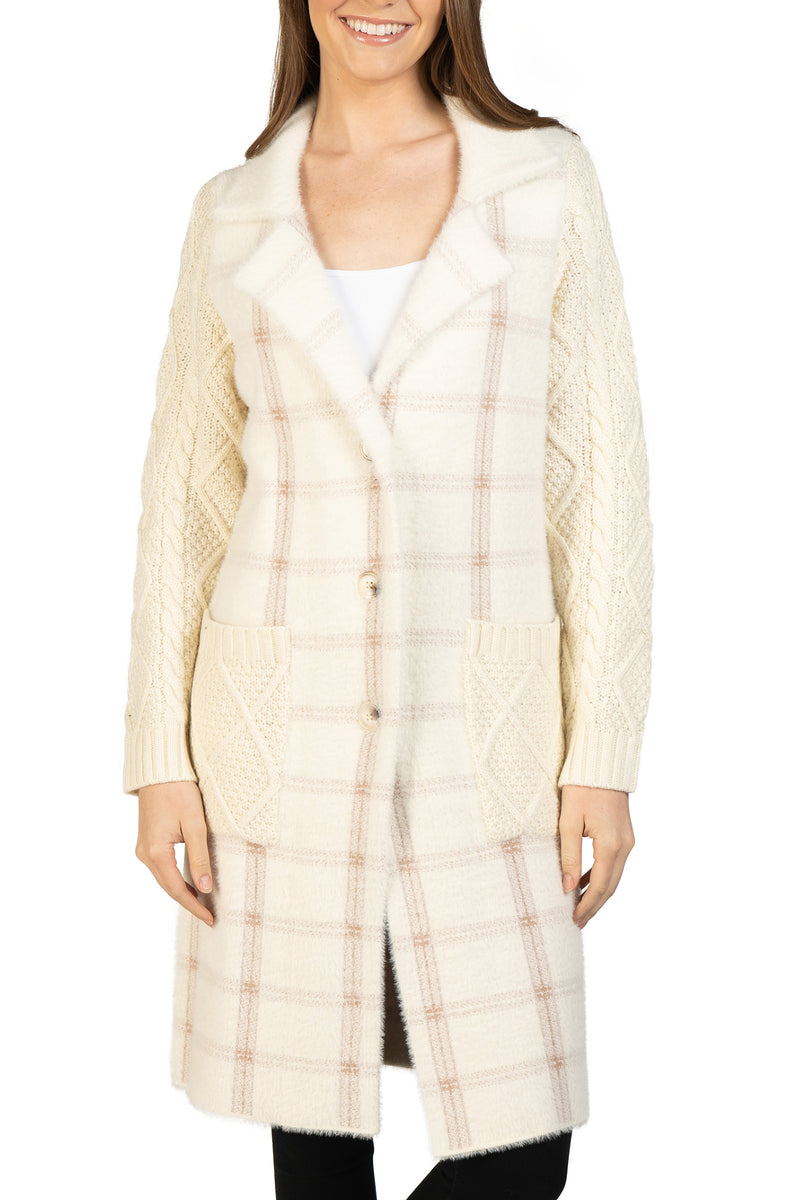 Plaid Cardigan with Knitted Sleeves