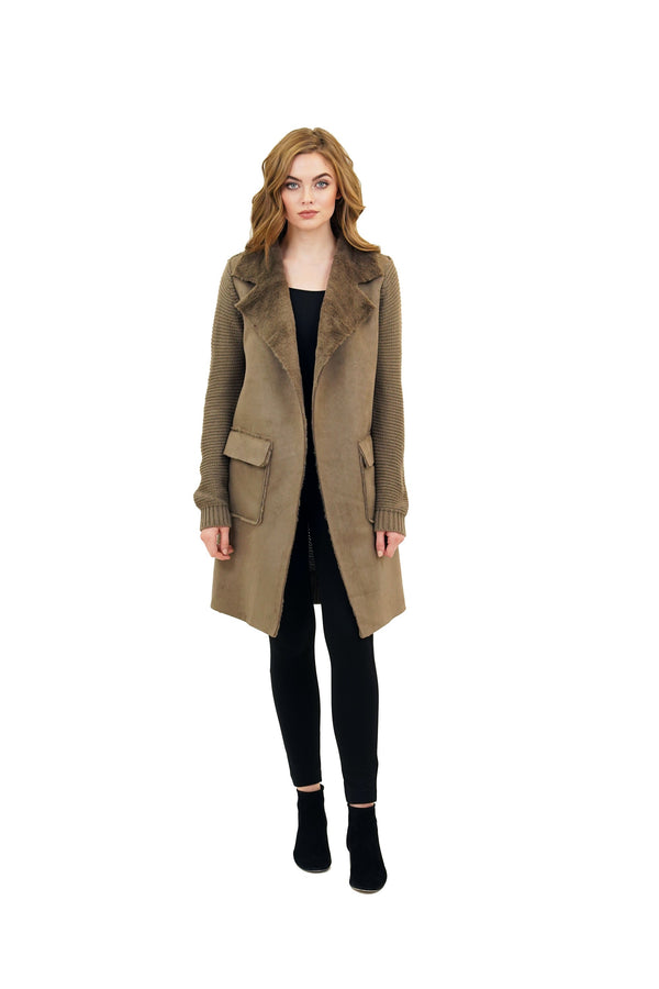 Harlow Faux Fur Wide Collar Knit Trench Jacket Coat
