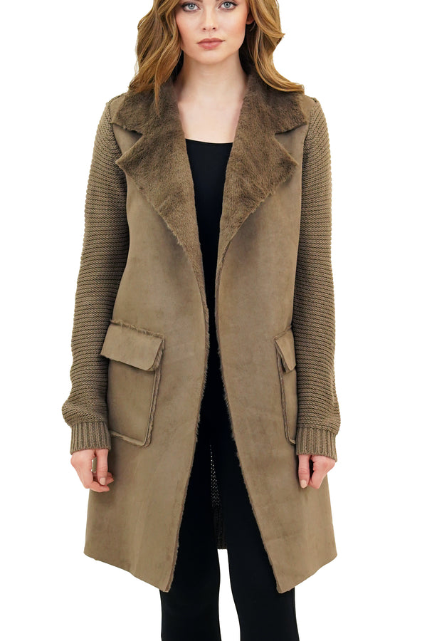 Harlow Faux Fur Wide Collar Knit Trench Jacket Coat