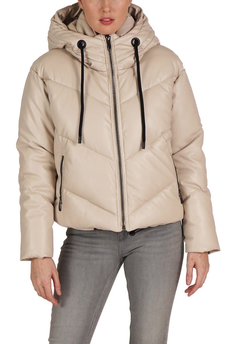 Beige puffer jacket hood sales