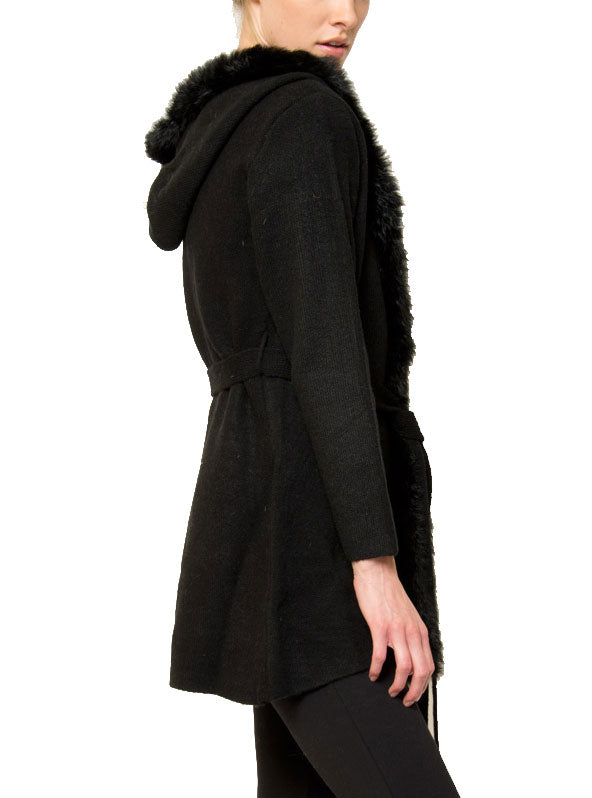 Sherri Hooded Cardigan Sweater with Genuine Real Rabbit Fur Trim