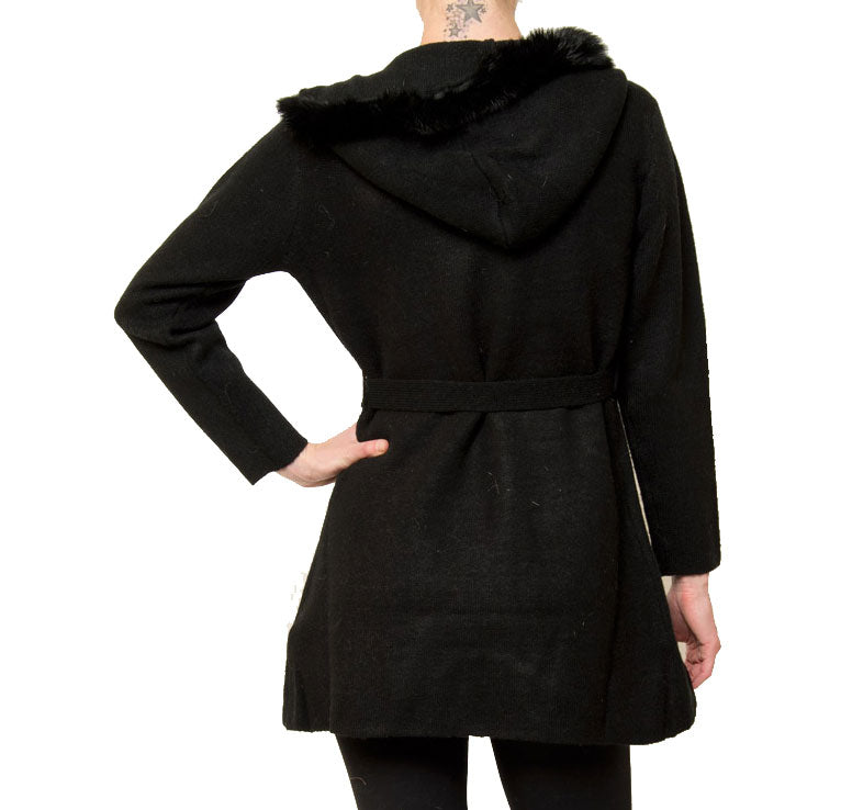 Sherri Hooded Cardigan Sweater with Genuine Real Rabbit Fur Trim
