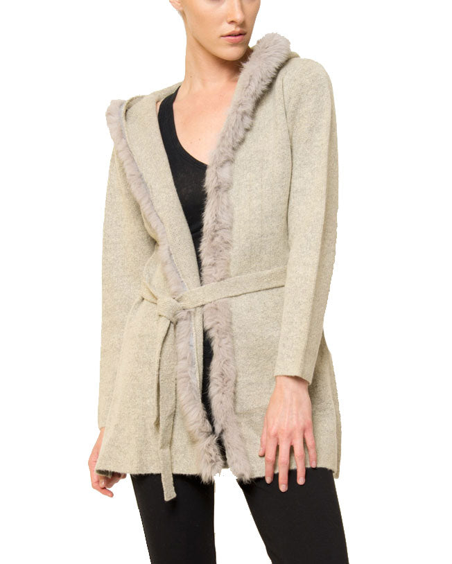 Sherri Hooded Cardigan Sweater with Genuine Real Rabbit Fur Trim