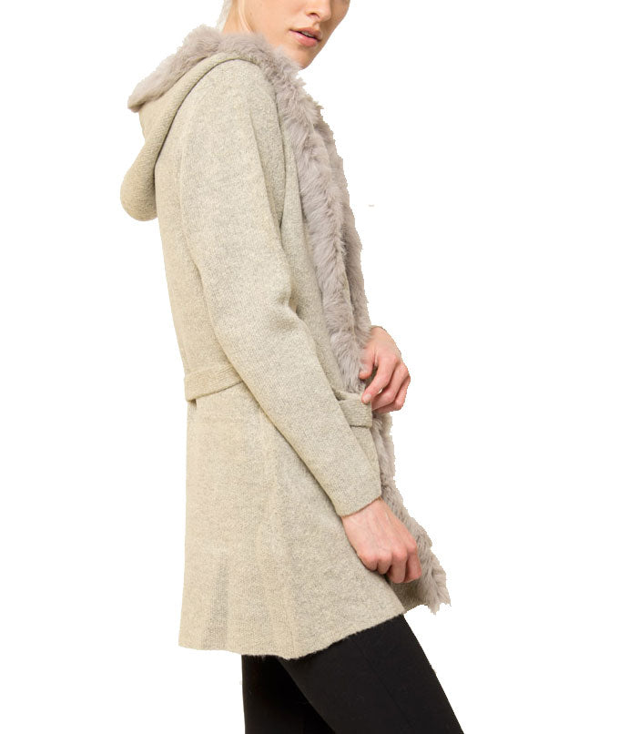 Sherri Hooded Cardigan Sweater with Genuine Real Rabbit Fur Trim