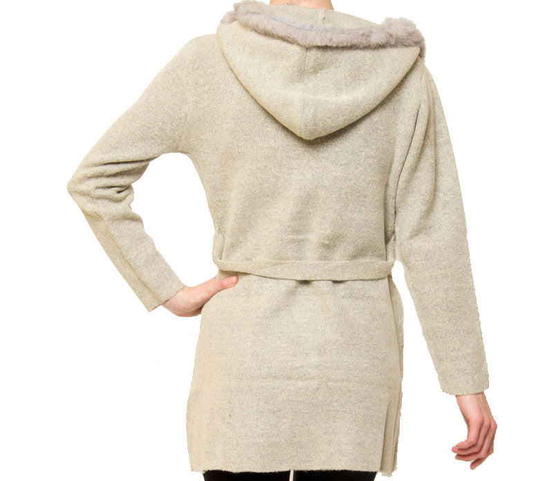 Sherri Hooded Cardigan Sweater with Genuine Real Rabbit Fur Trim