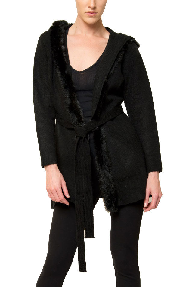 Sherri Hooded Cardigan Sweater with Genuine Real Rabbit Fur Trim