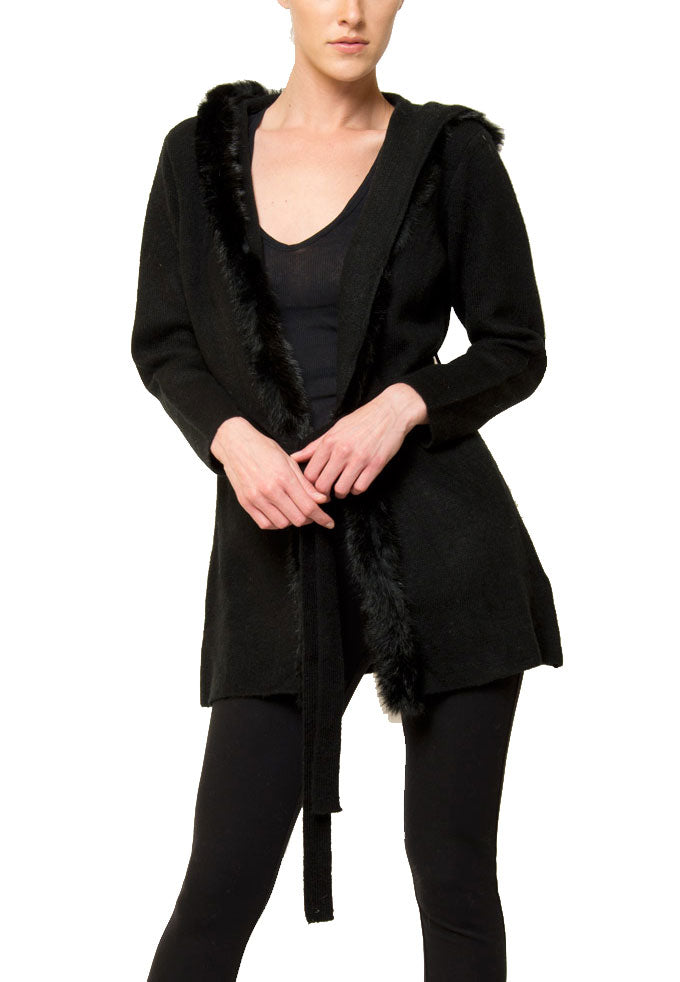 Sherri Hooded Cardigan Sweater with Genuine Real Rabbit Fur Trim